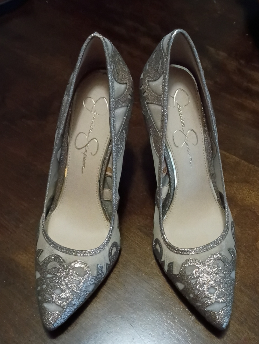 Jessica Simpson Silver Glitter Pointed Toe Cutout Pumps Nwot